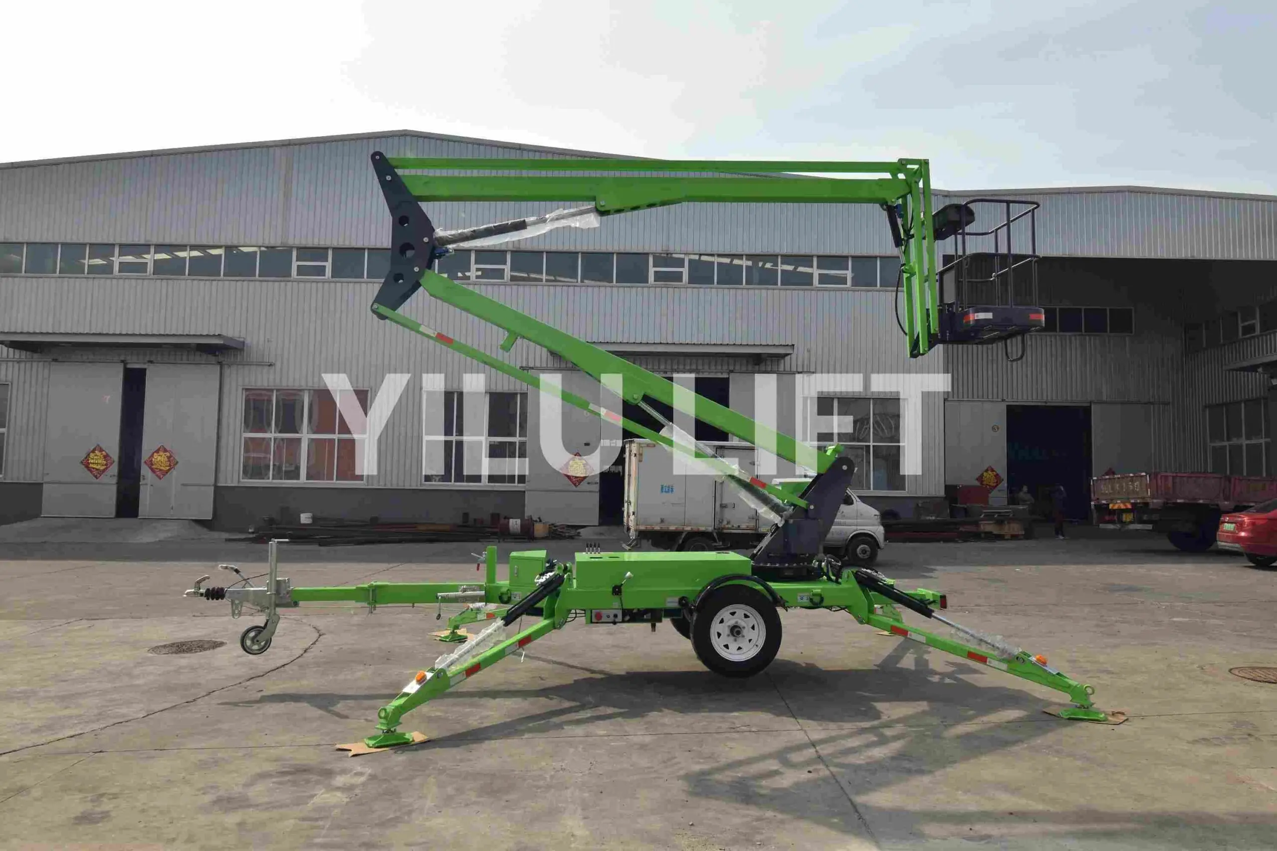 Towable boom lift with extended boom