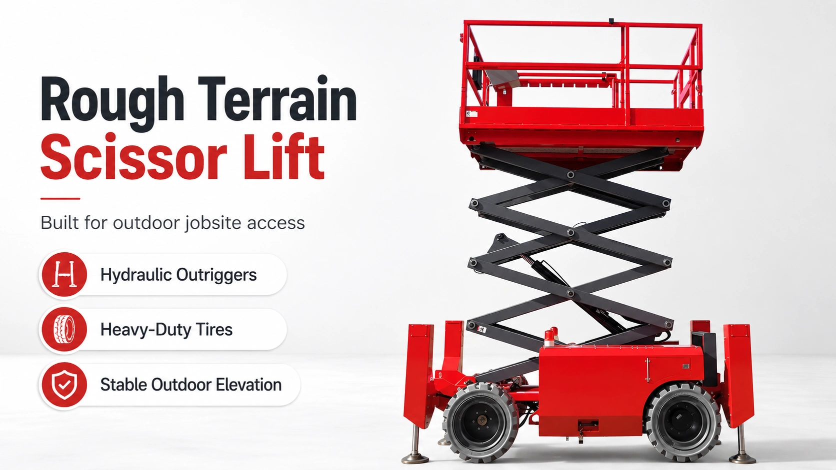 All-terrain construction scissor lift with hydraulic outriggers