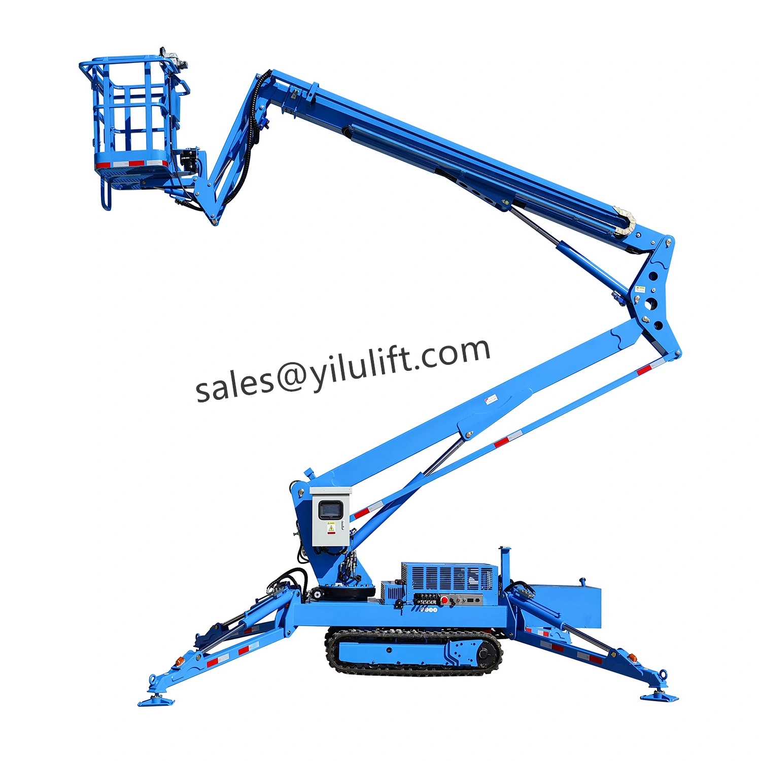 Articulating crawler boom lift with outriggers for confined industrial work sites
