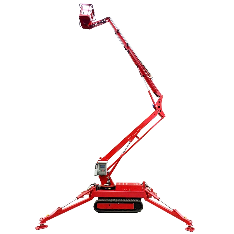Crawler boom lift with outriggers extended