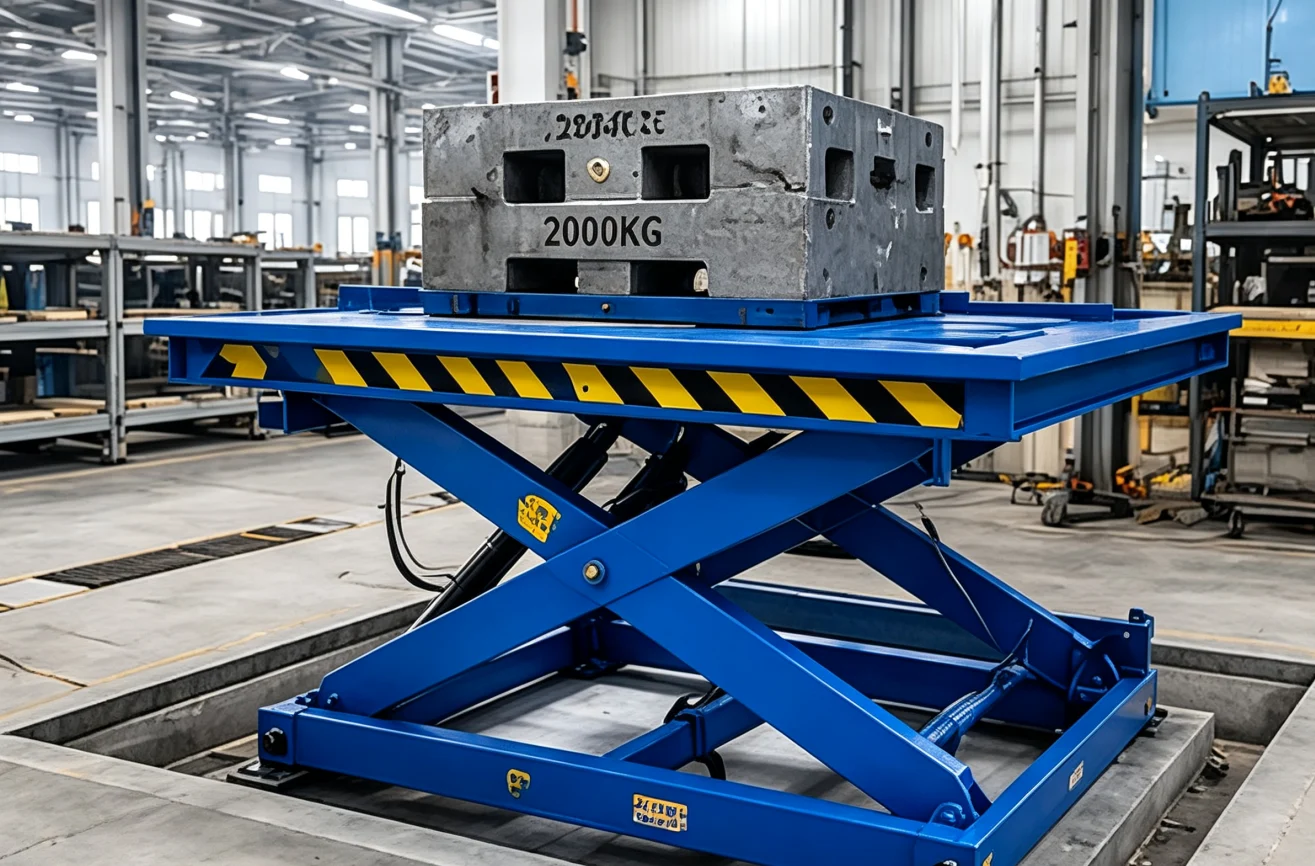 Fixed hydraulic scissor lift table supporting a heavy industrial load in a factory