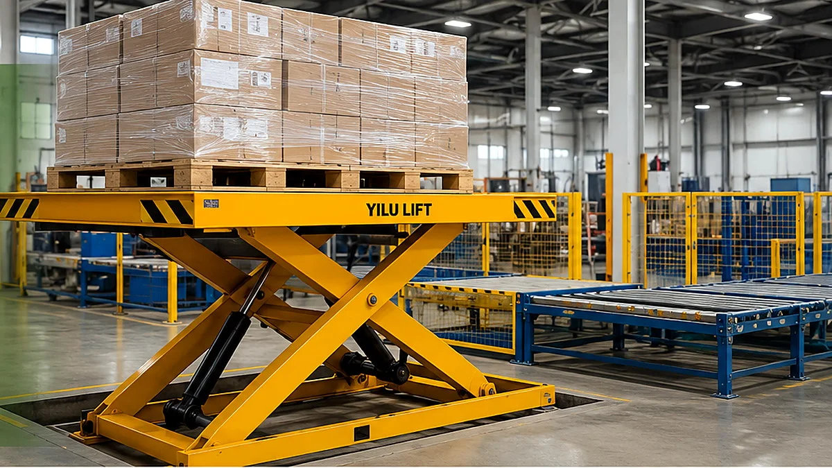 Industrial scissor lift table raising a pallet load in a factory material handling line